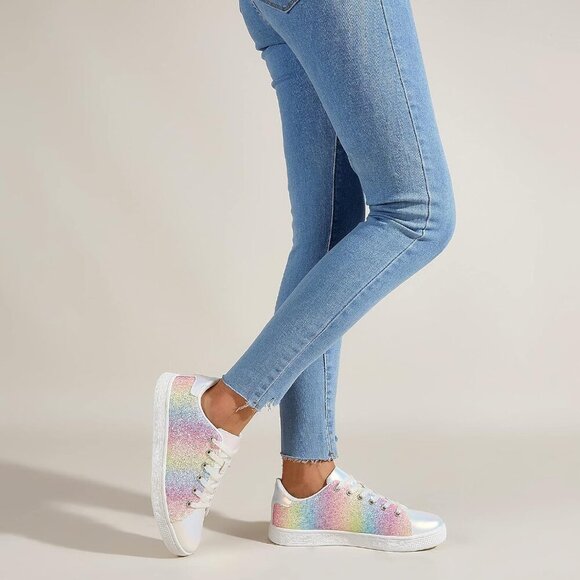 LUCKY STEP Rainbow LaceUp Sneakers Sparkly Fashion Shoes for Women - Picture 8 of 9